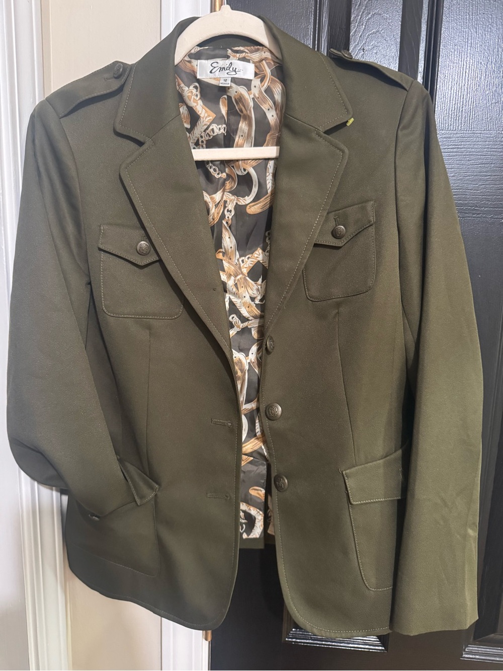 Vintage Emily Olive Green Military Equestrian Blazer Jacket Lined- Size 12